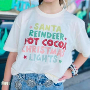 Santa, Reindeer, Hot Cocoa, Christmas Lights Tee