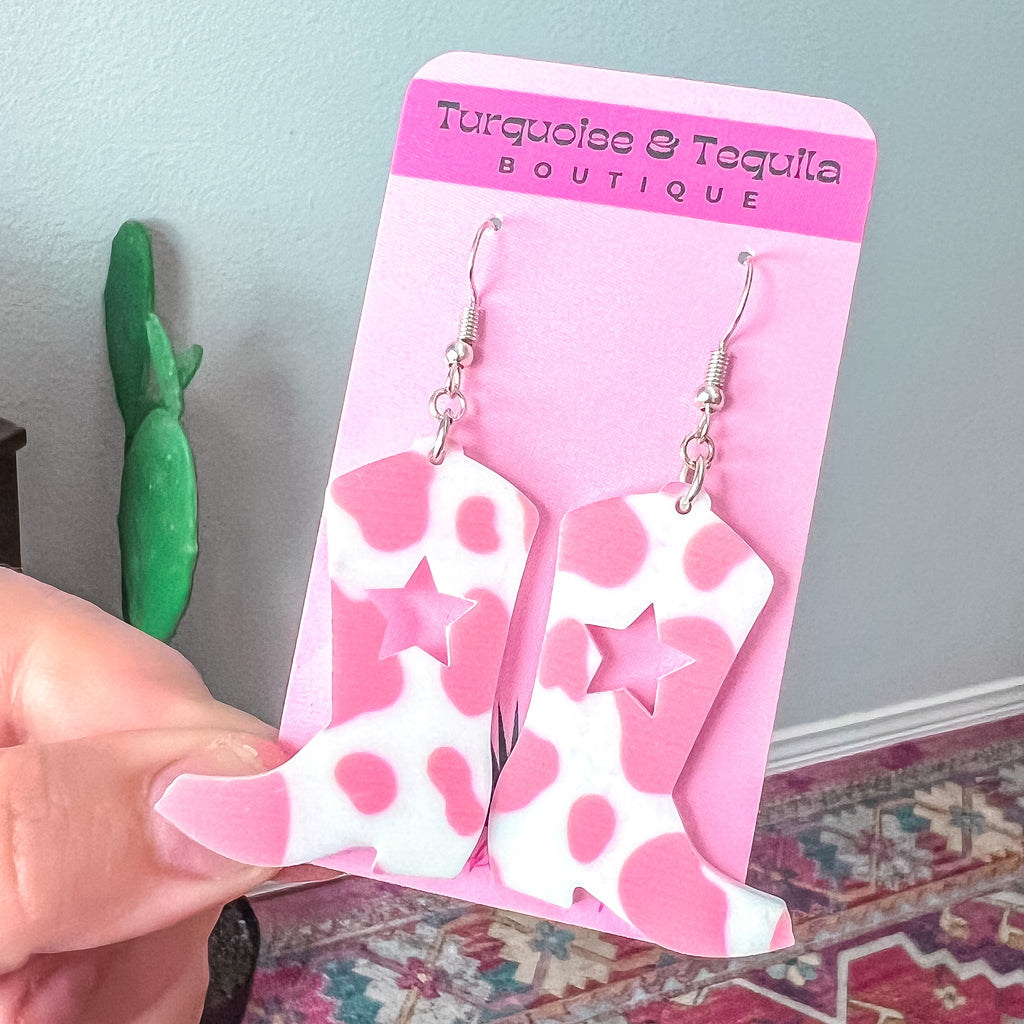 Pink Cowprint Boot Earrings