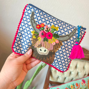 Highland Cow Embroidered Pouch
