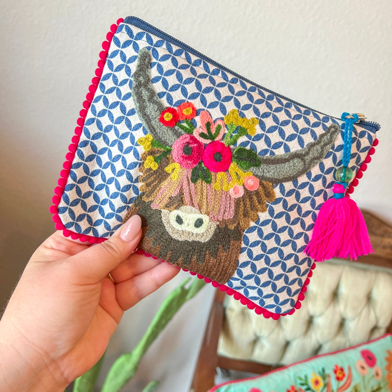 Highland Cow Embroidered Pouch
