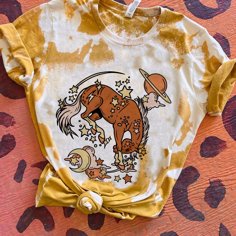 Cosmic Horse with Stars Tee - Scrunch Bleach Mustard