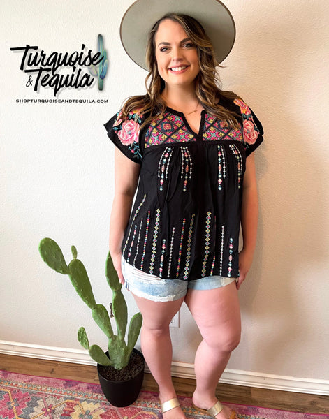 Embroidered Top – Turquoise and Tequila