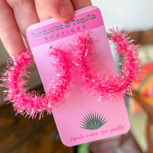 Neon Pink Tinsel Hoop Earrings