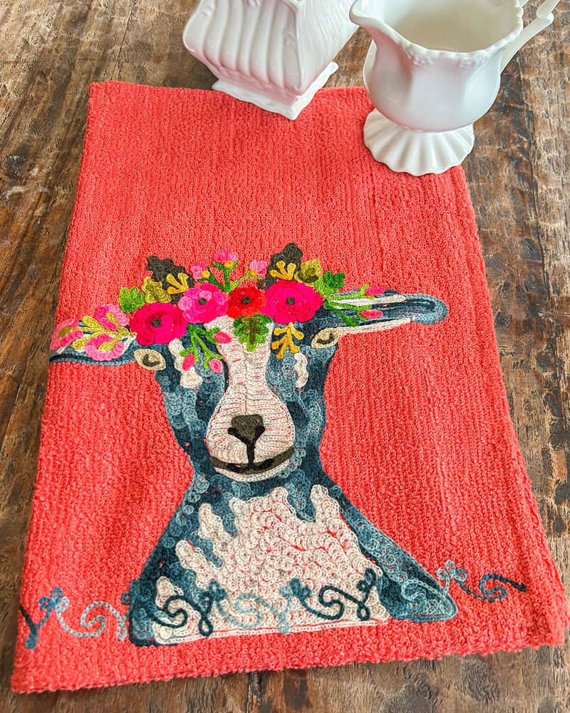Goat Embroidered Decorative Tea Towel